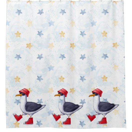 水彩おもしろいシーガル漫画レッドブルーキッズ シャワーカーテン (正面)