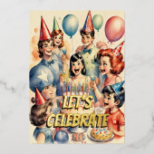 水彩おもしろい漫画誕生日シーン 箔招待状 (正面)