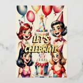 水彩おもしろい漫画誕生日シーン 箔招待状 (正面)