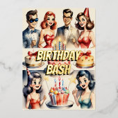 水彩おもしろい漫画誕生日シーン 箔招待状 (正面)