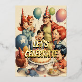 水彩おもしろい漫画誕生日シーン 箔招待状 (正面)