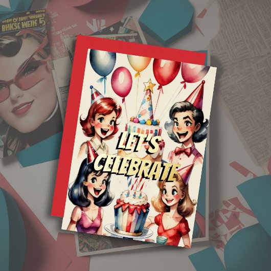 水彩おもしろい漫画誕生日シーン 箔招待状