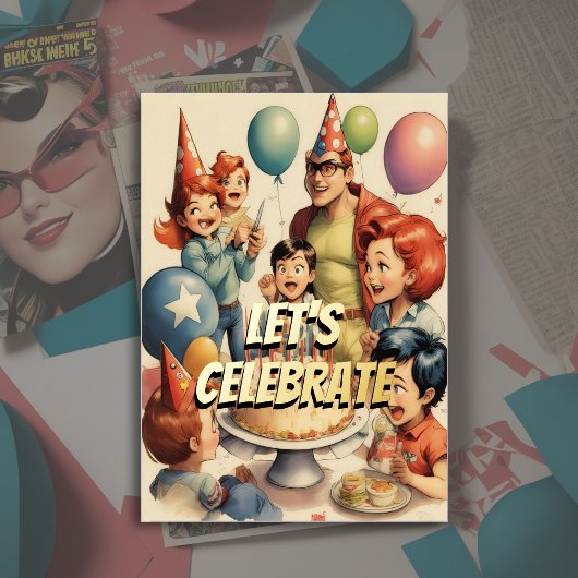 水彩おもしろい漫画誕生日シーン 箔招待状