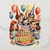 水彩おもしろい漫画誕生日シーン 箔招待状 (正面)