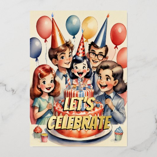 水彩おもしろい漫画誕生日シーン 箔招待状 (正面)