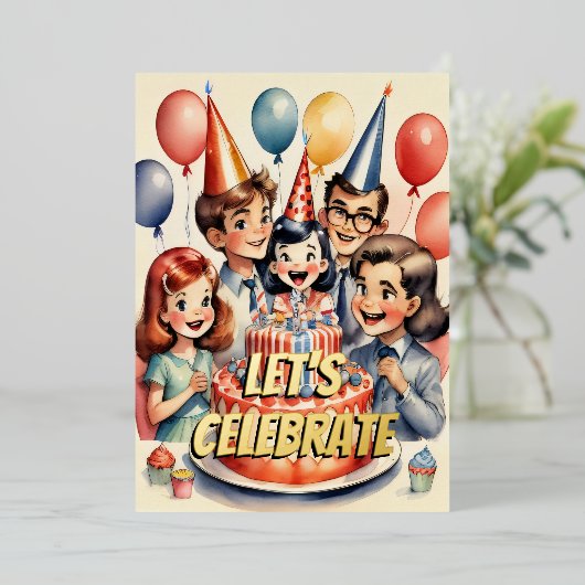 水彩おもしろい漫画誕生日シーン 箔招待状 (立ち正面)