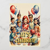 水彩おもしろい漫画誕生日シーン 箔招待状 (正面)