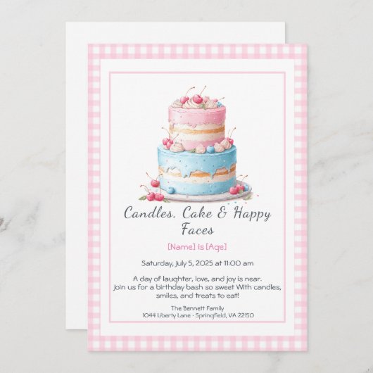 水彩お誕生日ケーキ招待状 – ピンクブルー 招待状 (正面/裏面)