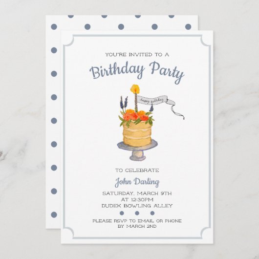 水彩お誕生日ケーキ招待状 招待状 (正面/裏面)