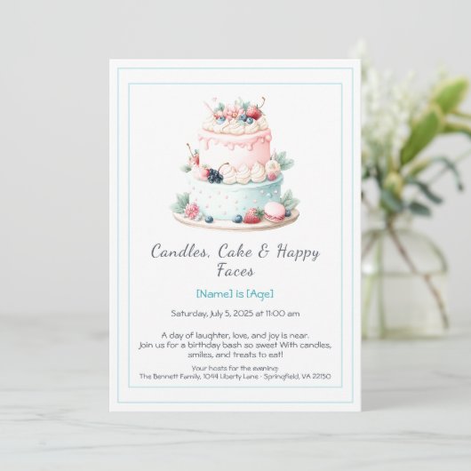 水彩お誕生日ケーキ招待状 – 甘い 招待状 (スタンド正面)