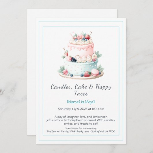水彩お誕生日ケーキ招待状 – 甘い 招待状 (正面/裏面)