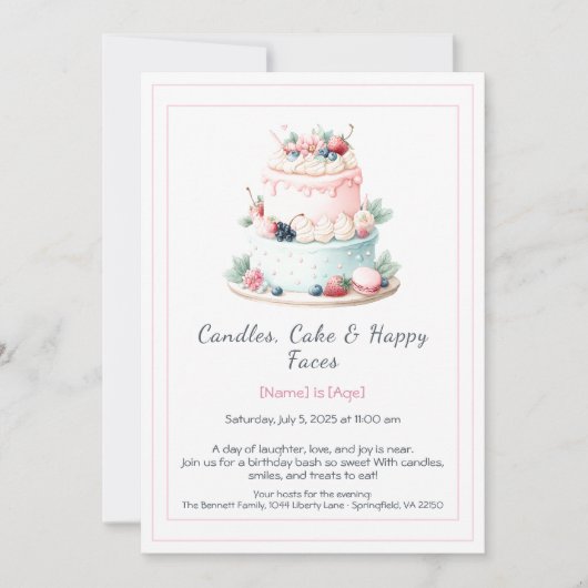 水彩お誕生日ケーキ招待状 – 甘い 招待状 (正面)