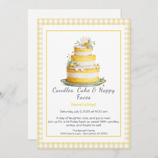 水彩お誕生日ケーキ招待状 – 黄色 招待状 (正面/裏面)
