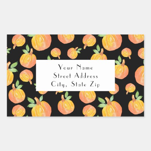水彩かぼちゃのパターン黒い背景ラベル 長方形シール (正面)