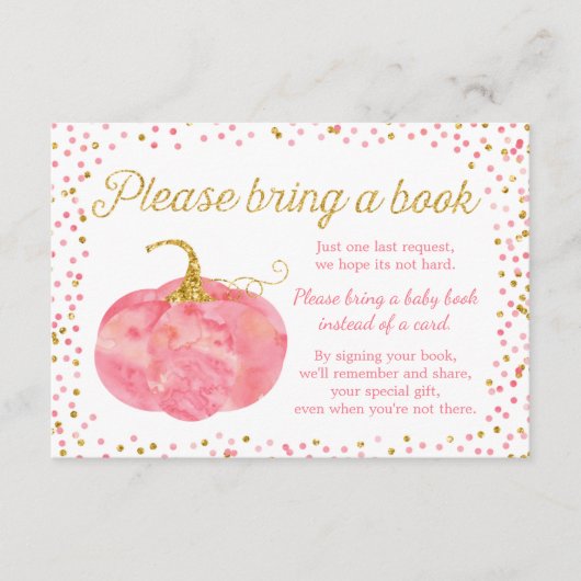 水彩かぼちゃの女の子の赤ちゃんシャワーを持って本をもたらす エンクロージャーカード (正面)