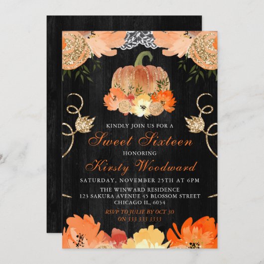 水彩かぼちゃの秋の花甘い16 招待状 (正面/裏面)