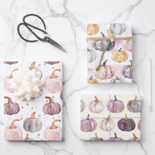 水彩かぼちゃの秋パターン ラッピングペーパーシート (正面)