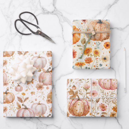 水彩かぼちゃの秋パターン ラッピングペーパーシート (正面)