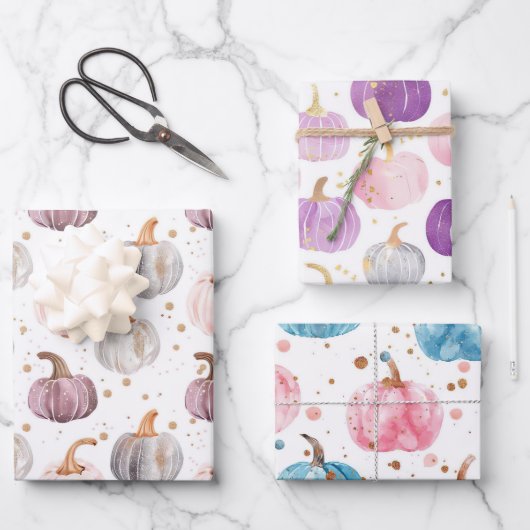 水彩かぼちゃの秋パターン ラッピングペーパーシート (正面)