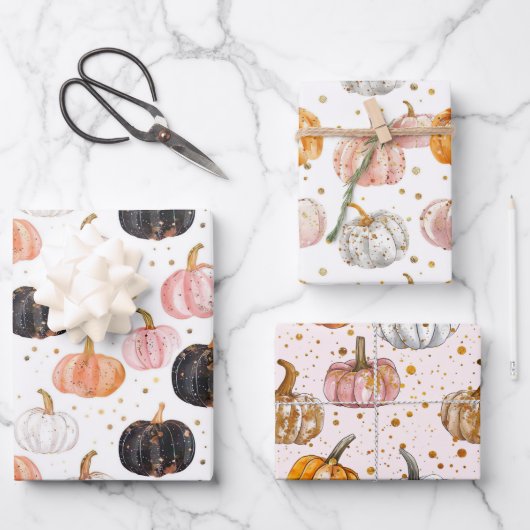水彩かぼちゃの秋パターン ラッピングペーパーシート (正面)