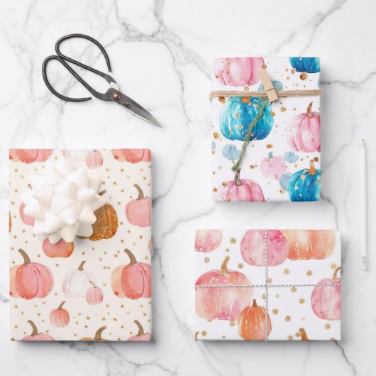 水彩かぼちゃの秋パターン ラッピングペーパーシート (正面)