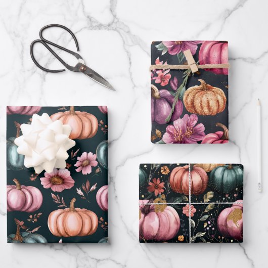 水彩かぼちゃの秋パターン ラッピングペーパーシート (正面)