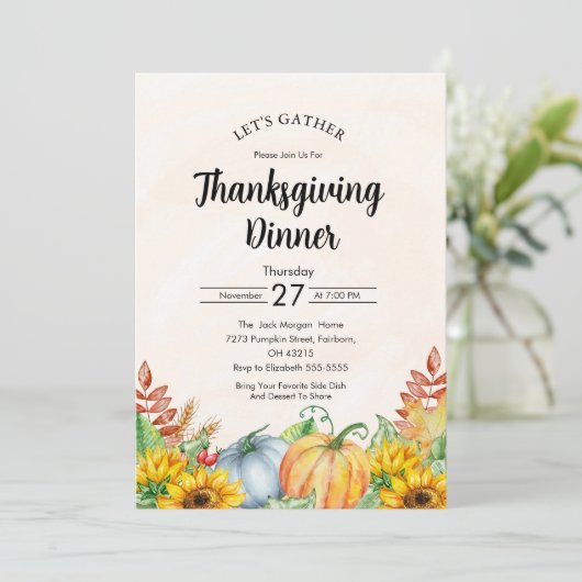 水彩かぼちゃひまわり感謝祭ディナー 招待状 (スタンド正面)