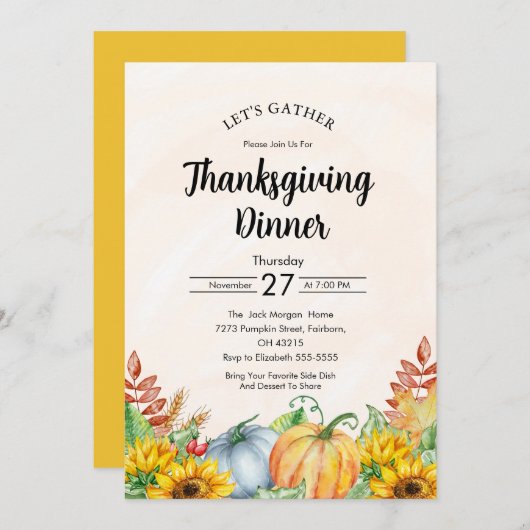 水彩かぼちゃひまわり感謝祭ディナー 招待状 (正面/裏面)