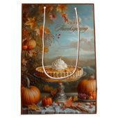 水彩かぼちゃパイ幸せな感謝祭 ミディアムペーパーバッグ (裏面)