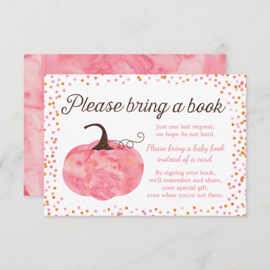 水彩かぼちゃピンクの赤ちゃんシャワーが本を持ってくる 招待状 (正面/裏面)