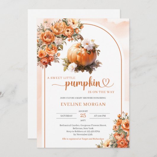 水彩かぼちゃ白い秋の花牡丹 招待状 (正面/裏面)