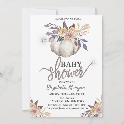 水彩かぼちゃ花赤ちゃんシャワー 招待状 (正面)