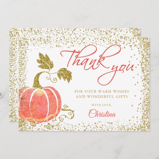 水彩かぼちゃ金ゴールドグリッター秋ありがとう サンキューカード (正面/裏面)