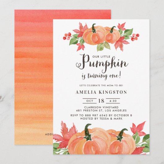 水彩かぼちゃ | 秋の1歳誕生日 招待状 (正面/裏面)