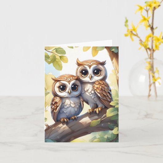 水彩かわいいちびフクロウの空白グリーティングカード カード (黄色い花)