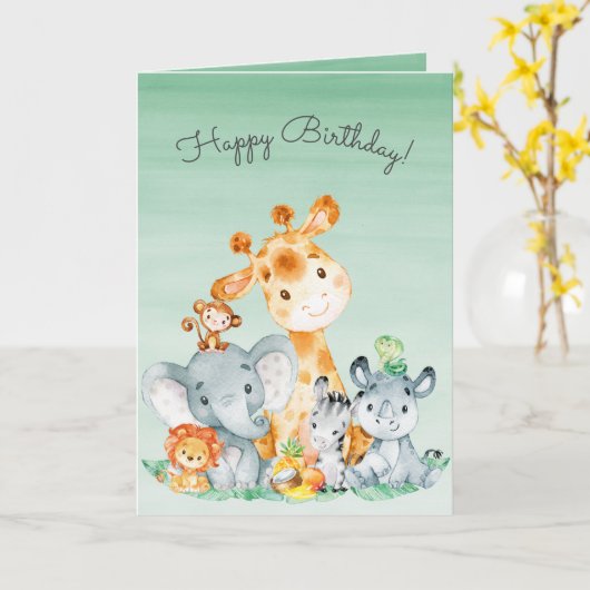水彩かわいいサファリジャングル動物誕生日 カード (黄色い花)