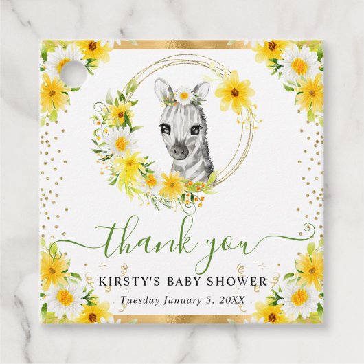 水彩かわいいジャングルゼブラフローラベビーシャワー フェイバータグ (正面)