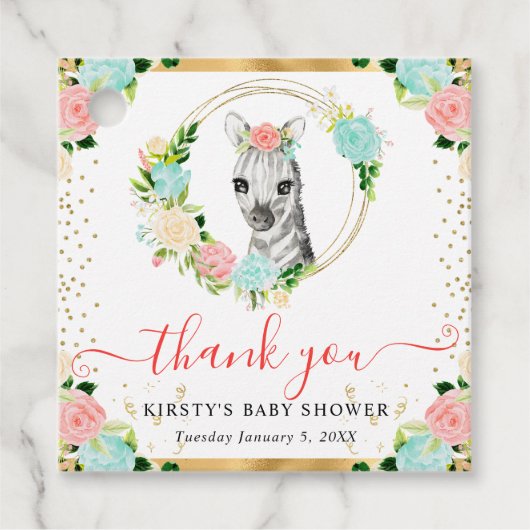 水彩かわいいジャングルゼブラフローラベビーシャワー フェイバータグ (正面)