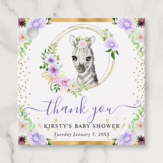 水彩かわいいジャングルゼブラフローラベビーシャワー フェイバータグ (正面)