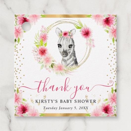 水彩かわいいジャングルゼブラフローラベビーシャワー フェイバータグ (正面)