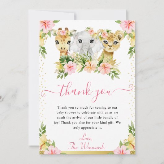 水彩かわいいフローラジャングル動物ベビーシャワー サンキューカード (正面)
