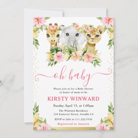 水彩かわいいフローラジャングル動物ベビーシャワー 招待状 (正面)