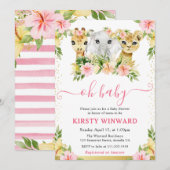 水彩かわいいフローラジャングル動物ベビーシャワー 招待状 (正面/裏面)