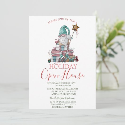 水彩かわいい小人のプレゼント付きオープン・ハウス    招待状 (スタンド正面)