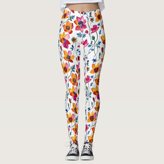 水彩かわいらしピンクと黄フローラ レギンス (正面)