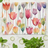 水彩かわいらしピンク&オレンジフローラチューリップ キッチンタオル (折り畳み)