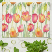 水彩かわいらしピンク&オレンジフローラチューリップ キッチンタオル (折り畳み)