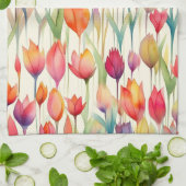 水彩かわいらしピンク&オレンジフローラチューリップ キッチンタオル (折り畳み)