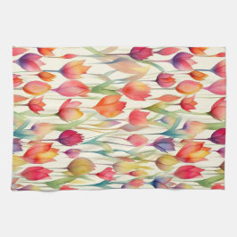 水彩かわいらしピンク&オレンジフローラチューリップ キッチンタオル
