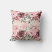 水彩かわいらしフローラピンクとブルゴーニュ クッション (正面)